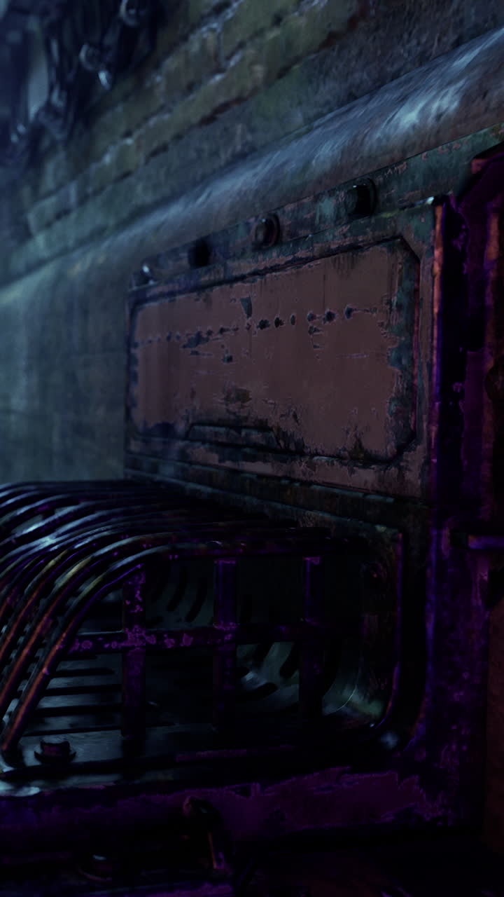 Old machinery in a dark room with colorful lights during the night