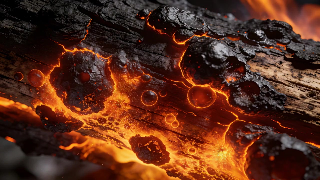 Glowing charred log reacting to ember heat in hearth, emitting molten droplets and shedding char
