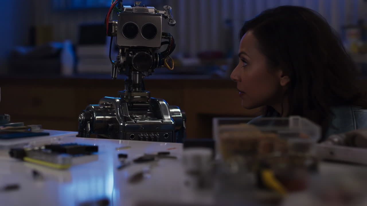 A woman looks at a robot head on a table in a workshop