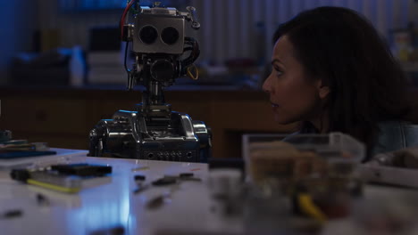 a woman looks at a robot head on a table in a workshop