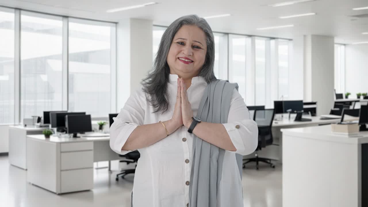 feliz mujer de negocios senior india saludando y haciendo namaste