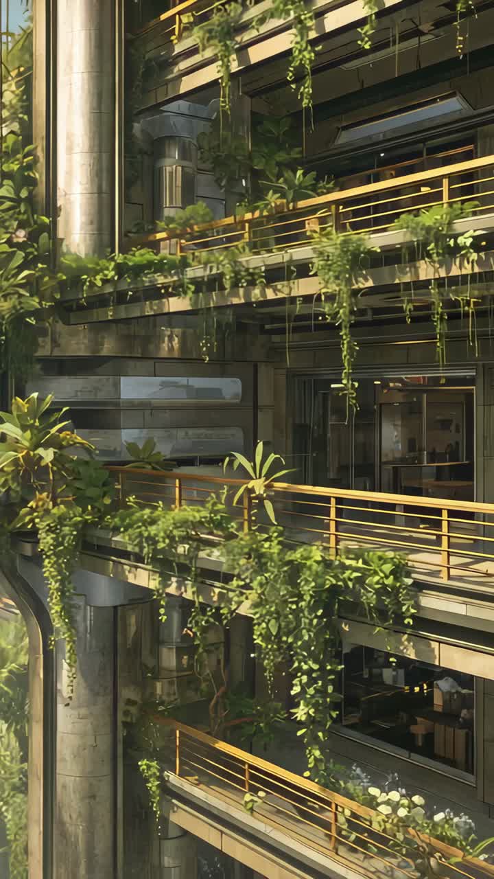 Vertical video: Panning camera revealing lower levels in office atrium, showing gold railings