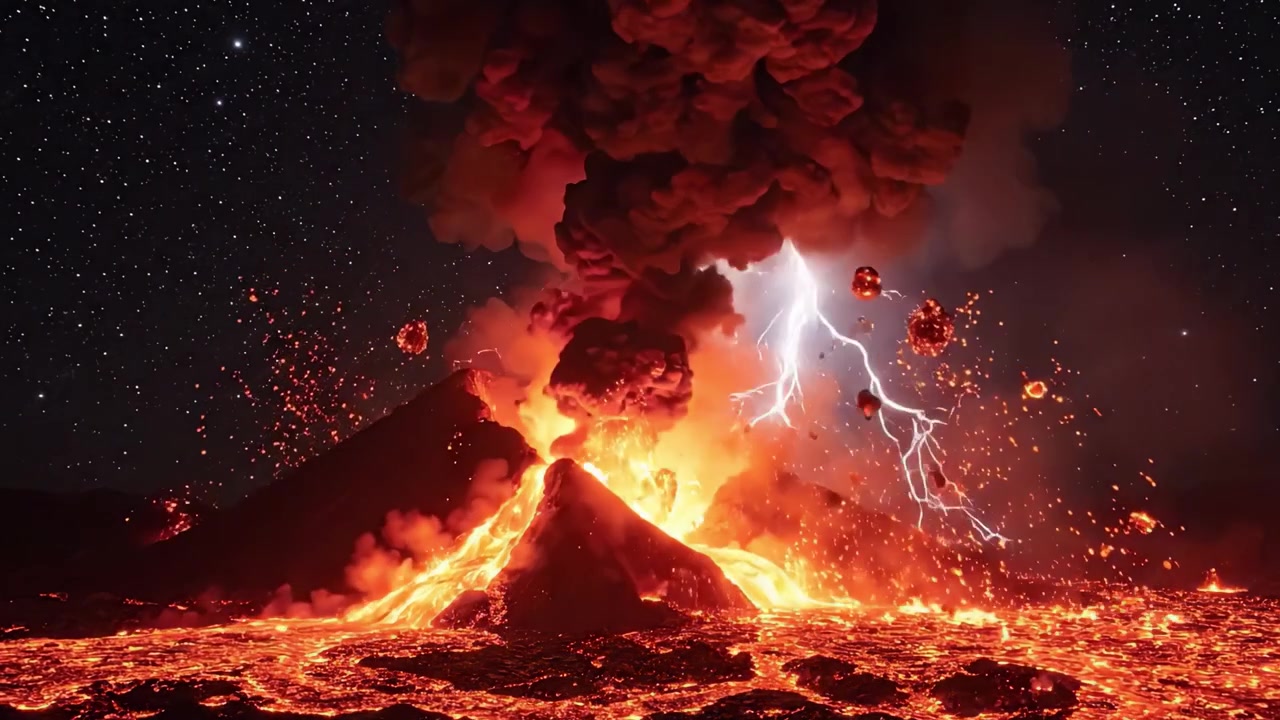 星空の下、溶岩と噴き出す噴煙が燃え盛る光景を繰り広げる、火山による壮大な噴火：息をのむような自然現象