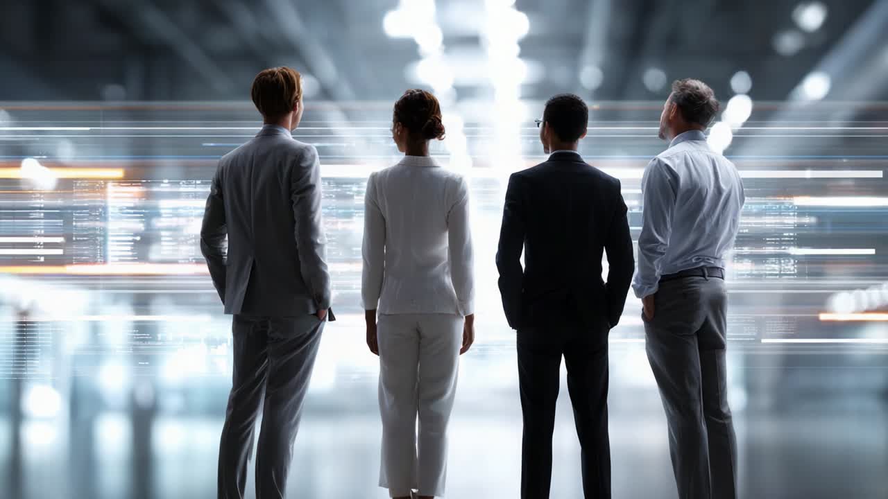 A group of professionals stands together, gazing towards a dynamic and futuristic background filled with bright lights and flowing motion, embodying the essence of innovation and collaboration in the modern business landscape