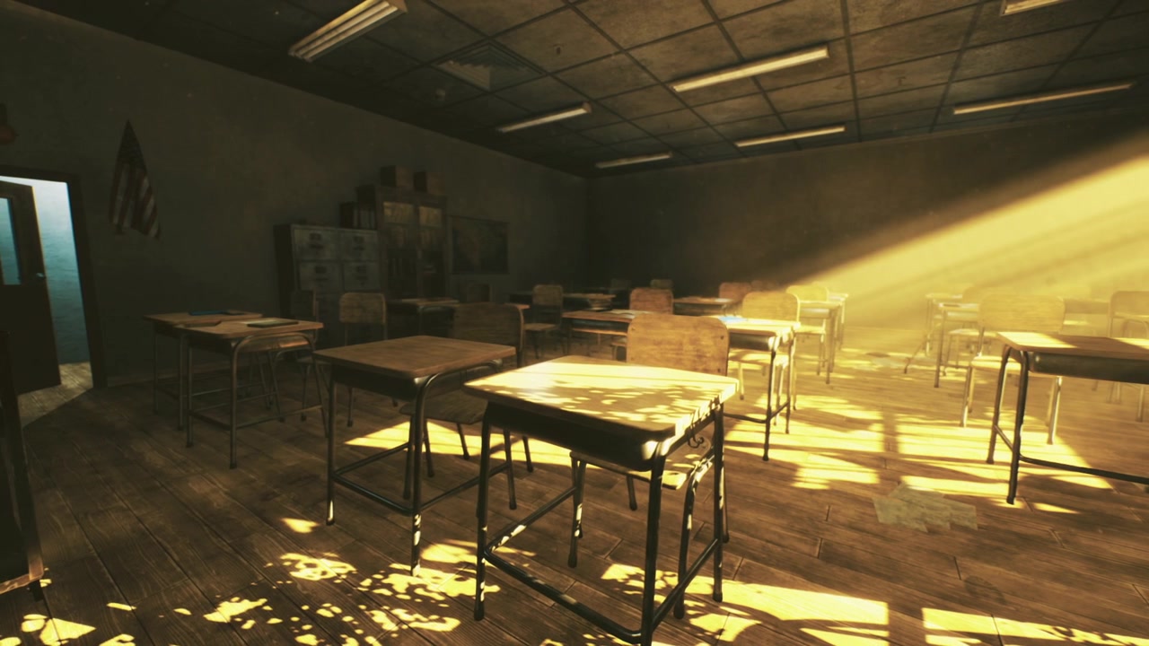 Aula luminosa desierta con la luz del sol filtrándose.