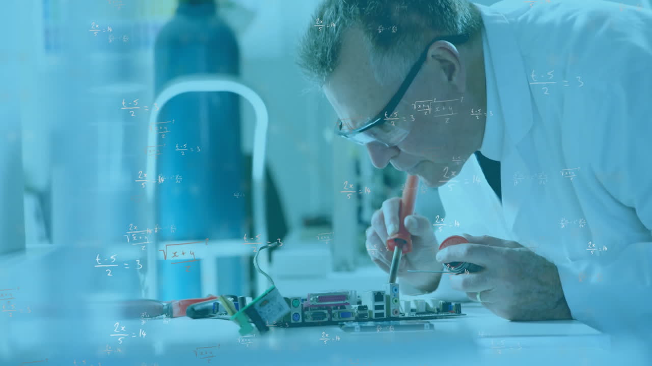 Animation of mathematical formula over caucasian male scientist working in lab