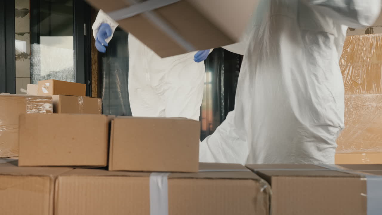 항바이러스복을 입은 운반자들이 의약품 상자를 내립니다.