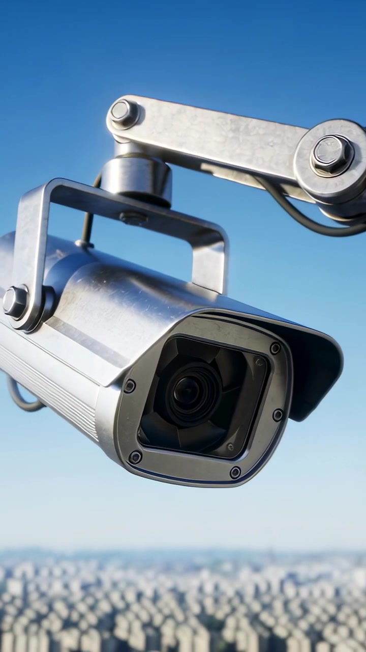 Video verticale: Telecamera a circuito chiuso con cupola, azionata da un perno motore, si inclina su un supporto da tetto, scansionando le strade.