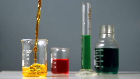 orange liquid pouring into beaker on chemists table