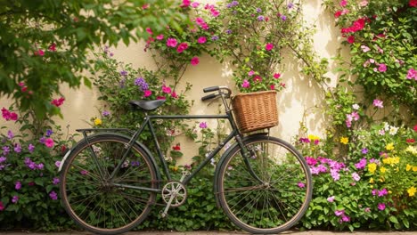a picturesque bicycle adorned with a woven basket rests beside a vibrant wall of colorful flowers, creating a serene and charming garden scene, perfect for nature lovers.