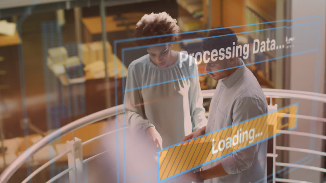 Animation of data processing text over diverse business people working in office