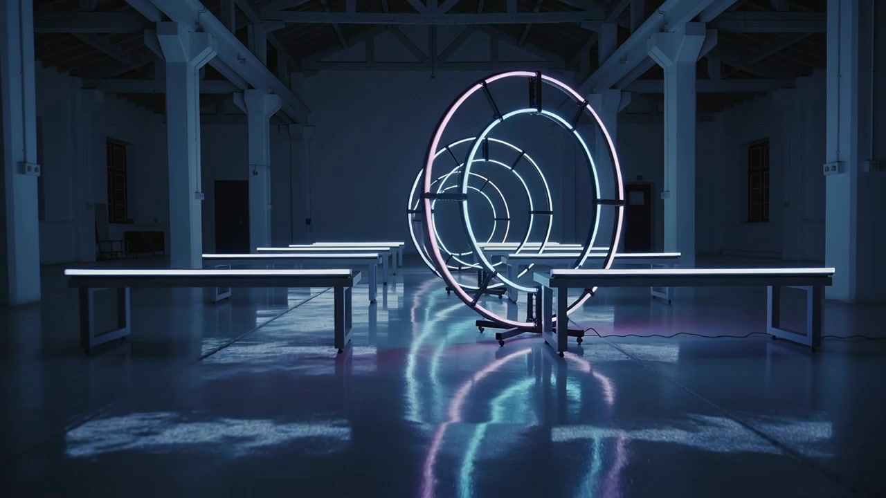 Rotating LED rings responding to program to form tunnel in gallery, flanked by illuminated benches
