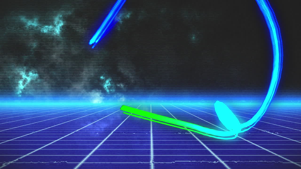 파란색 그리드와 검은색 배경의 구름 위에서 움직이는 파란색과 녹색 빛 트레일의 애니메이션