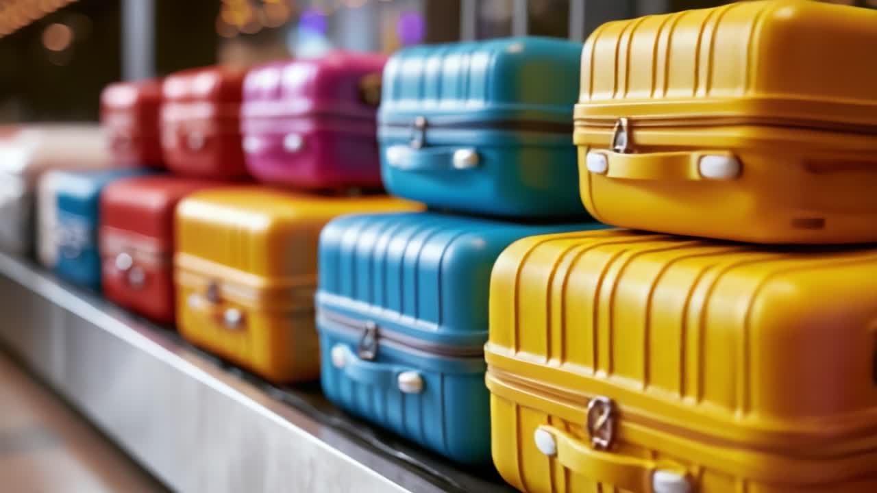 Una varietà colorata di bagagli impilati ordinatamente su un nastro per i bagagli, che mostra valigie vivaci in varie tonalità e texture, perfette per gli appassionati di viaggi.
