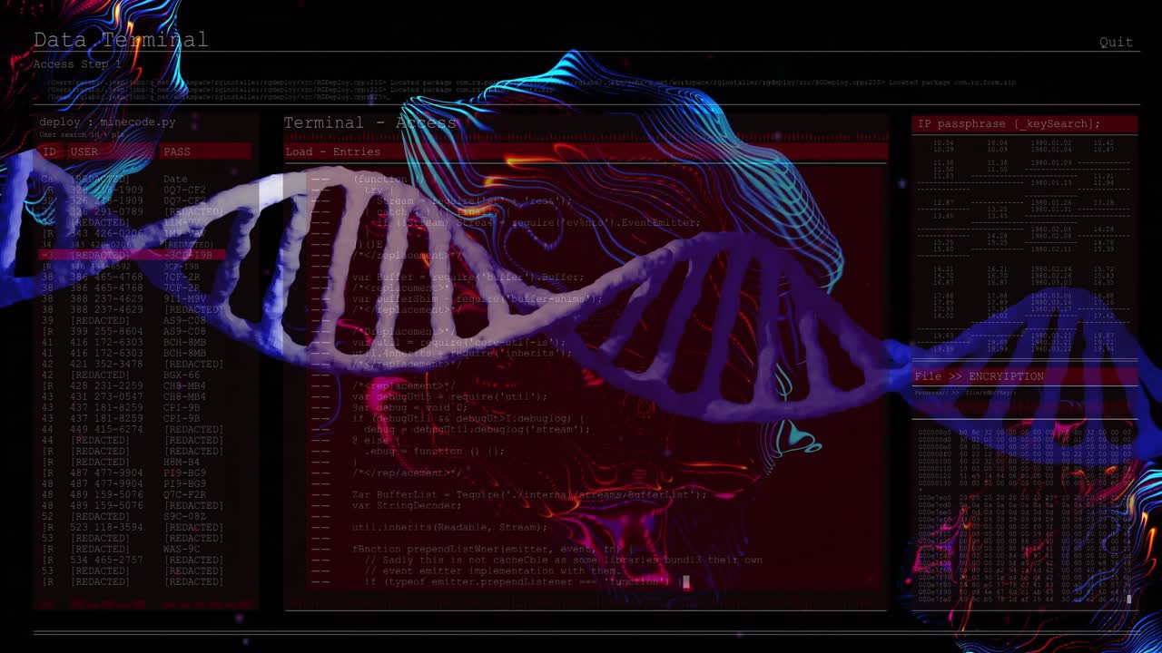 DNA double helix graphic swirling in scene, with neon code windows and encryption panel