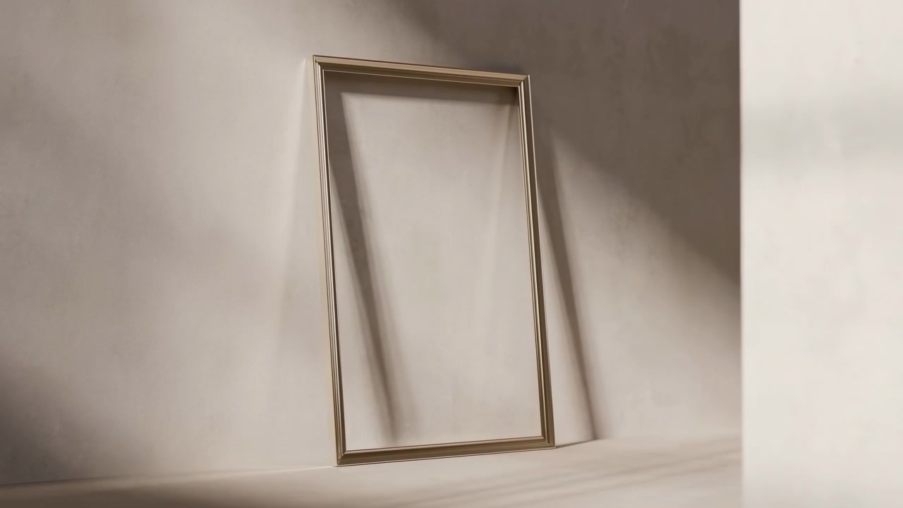 Minimalist Wooden Frame Leaning Against Wall, Sunlit Beige Interior With Soft Diagonal Shadows, Empty Canvas