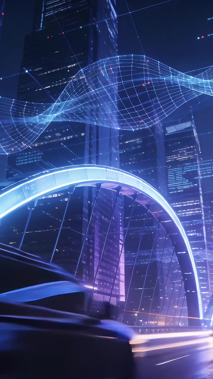 Vertical video: Racing first car passing under lit arch at night, creating light trails, hologram