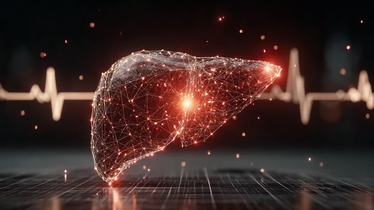 An Innovative Visualization of the Human Liver Represented Through Interconnected Neural Nodes and Pulsating Heartbeat, Showcasing Advanced Medical Imaging Techniques