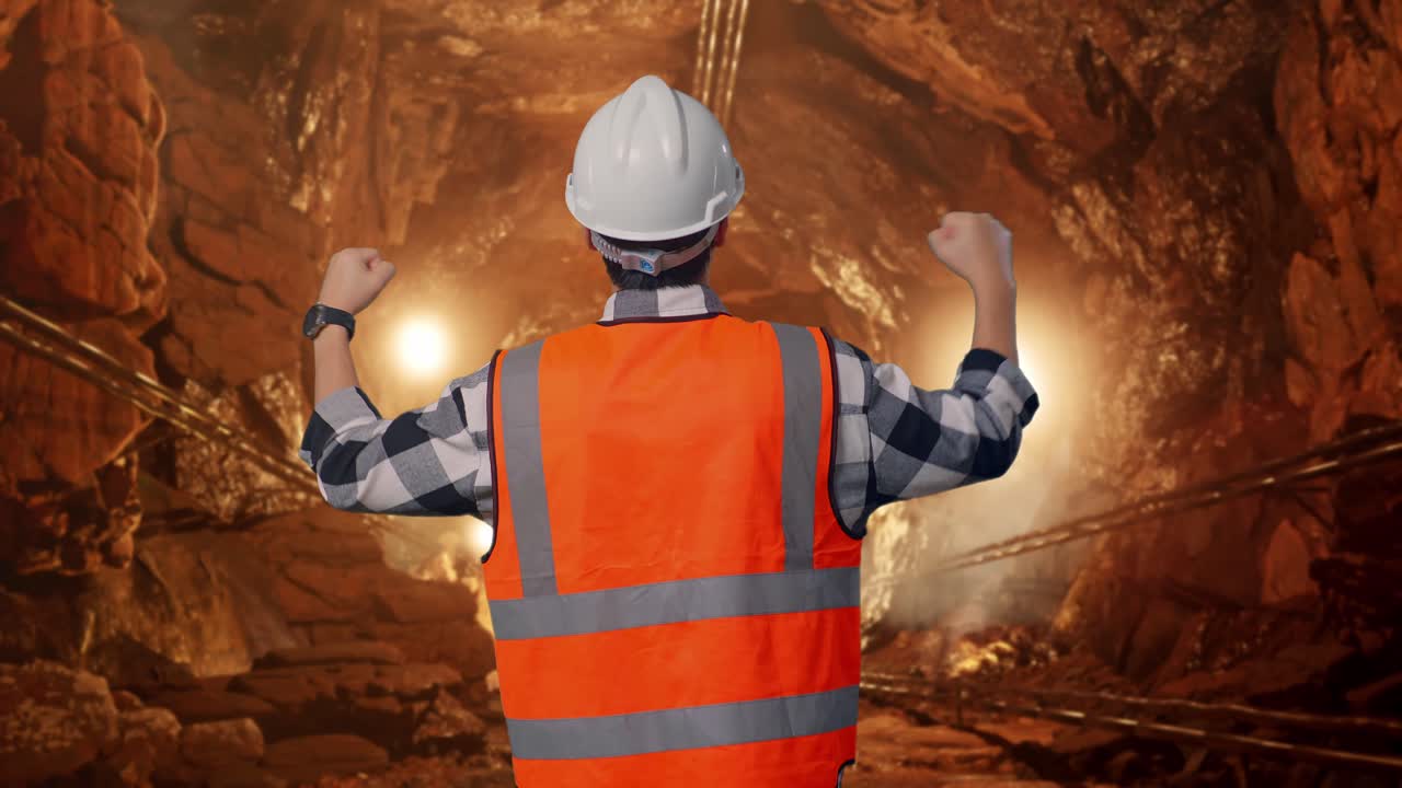 Back View Of A Male Engineer With Safety Helmet Raising His Hands Celebrating While Working In Underground Mine Tunnel