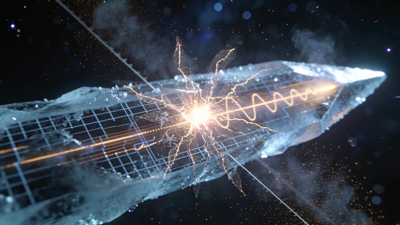 Sparking ice shard fragmenting after energy spike, emitting arcs in space with waveform grid