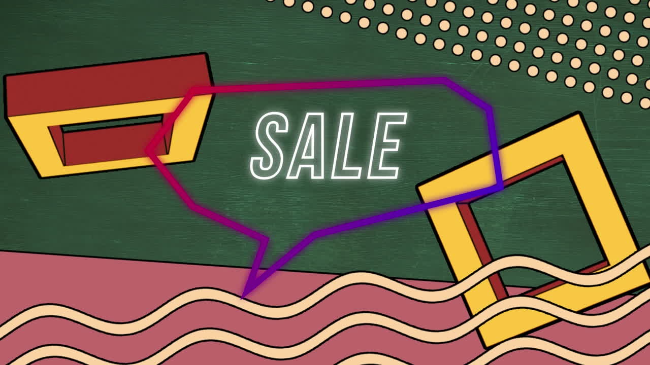 추상적인 배경 위의 레트로 스피치 버블에서 판매 텍스트의 애니메이션