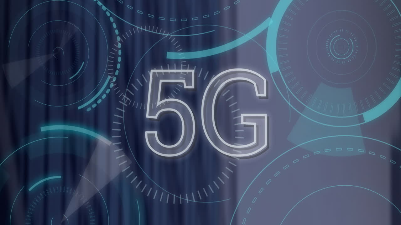 animazione di testo 5g su elementi di interfaccia circolare futuristici in display digitale