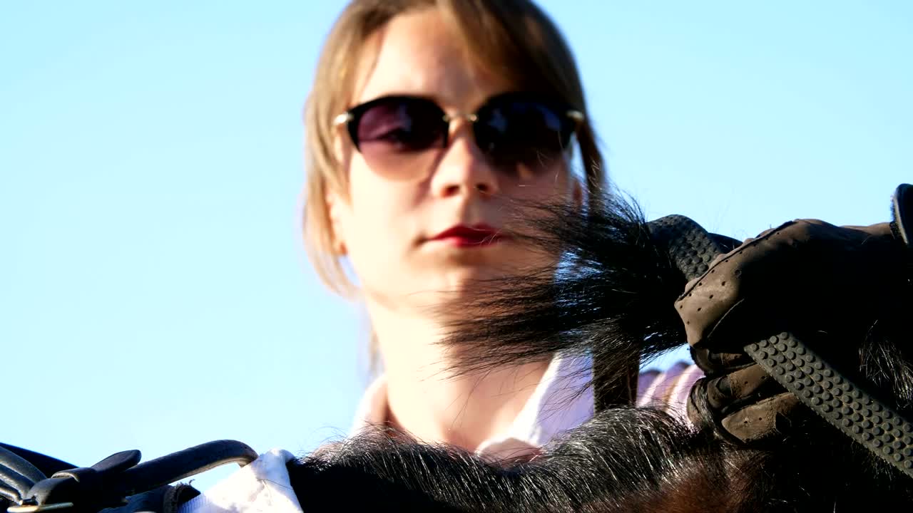 조키 소녀의 초상화, 그녀는 가죽 장갑에 줄을 들고 말 한 마리를 잡습니다.