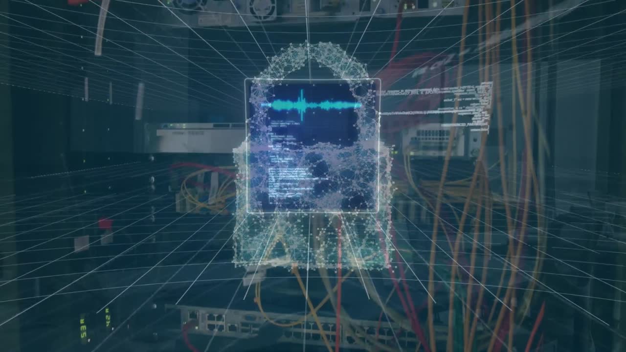 animación del procesamiento de datos y el candado sobre la sala del servidor