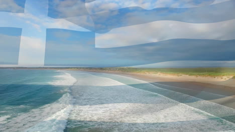 animación de la bandera de grecia ondeando sobre una playa soleada y las olas rompiendo en el mar