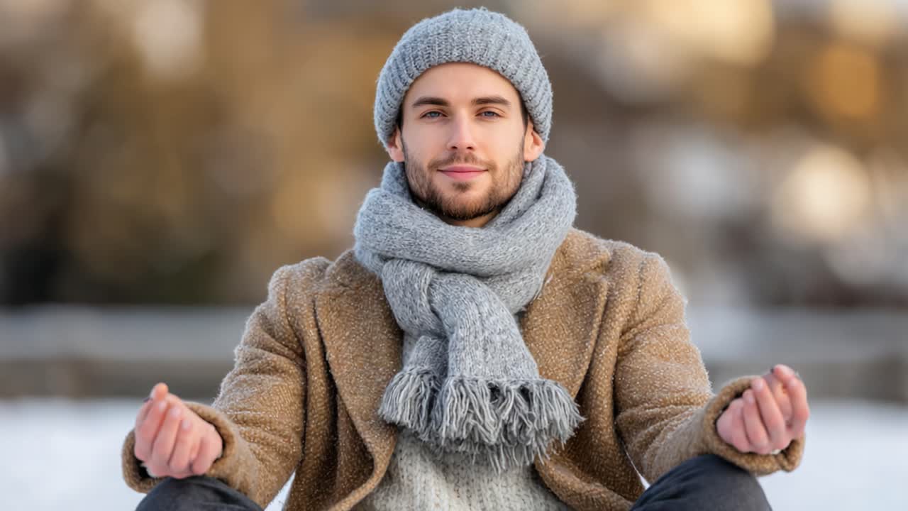 A Peaceful Man Meditating in a Serene Winter Landscape, Wrapped in a Cozy Sweater and Scarf, Embracing Mindfulness and Tranquility Amidst Nature's Beauty