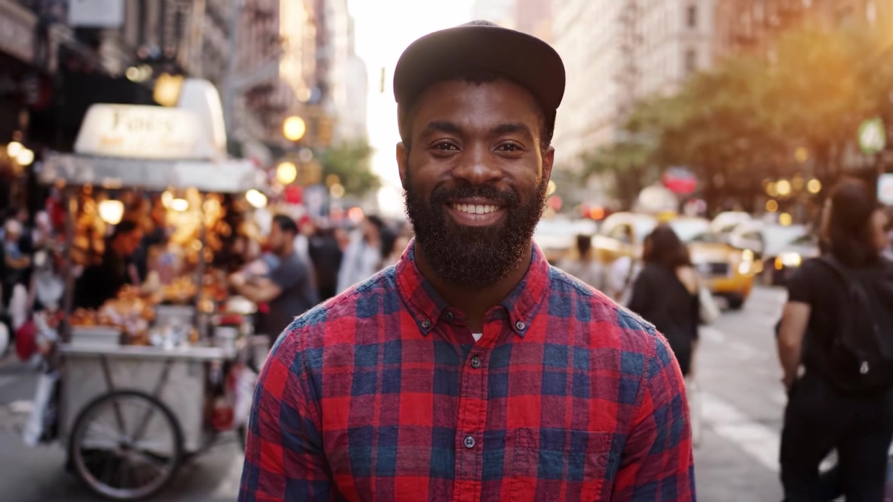 A Vibrant City Scene Captures a Joyful Man Smiling at the Heart of Urban Life, Surrounded by a Bustling Street Filled with Energy and Movement in the Background