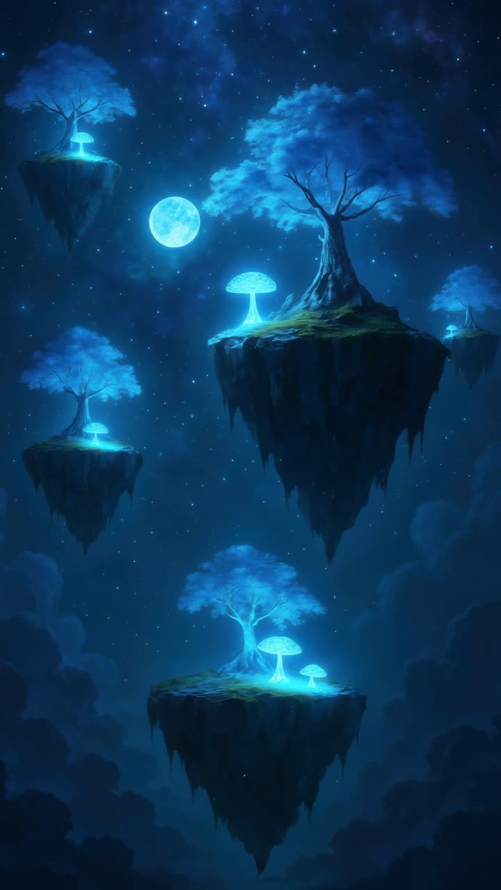 Vista aerea di isole fluttuanti con alberi luminosi sotto un cielo stellato