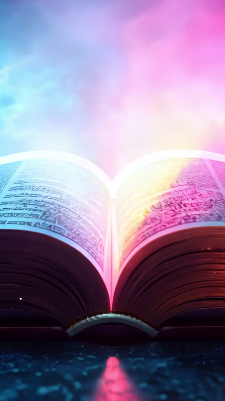 A book is open to a page with a blue and purple background. The book is illuminated by a light source, creating a sense of mystery and intrigue. The scene evokes a feeling of curiosity and wonder