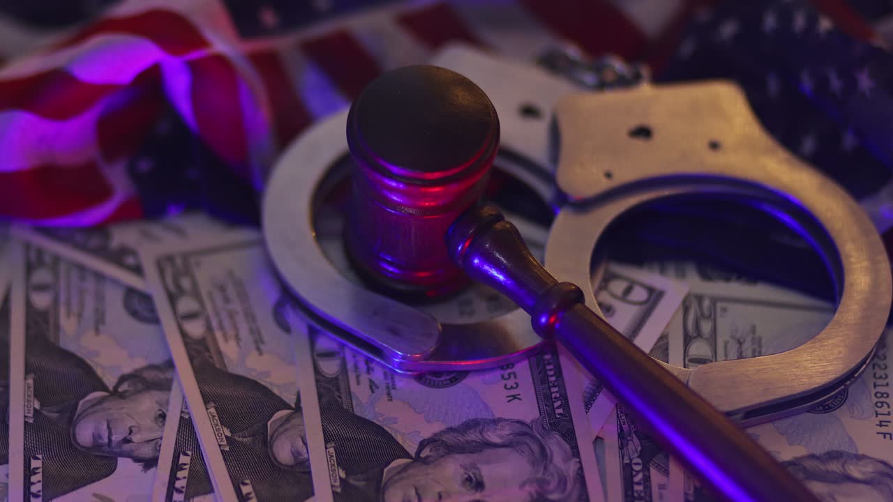 Legal justice the wooden judgment gavel with police handcuffs of cash US dollars with light flasher police