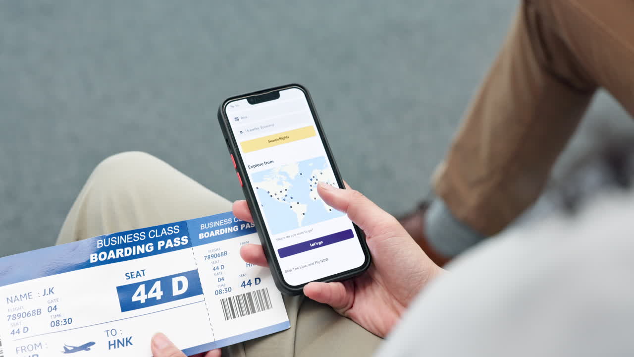 Phone, screen and hand with ticket for travel