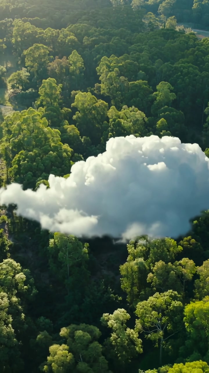 Vertical video: Drifting puffy white cloud changing over sunlit canopy, breeze pushing past road