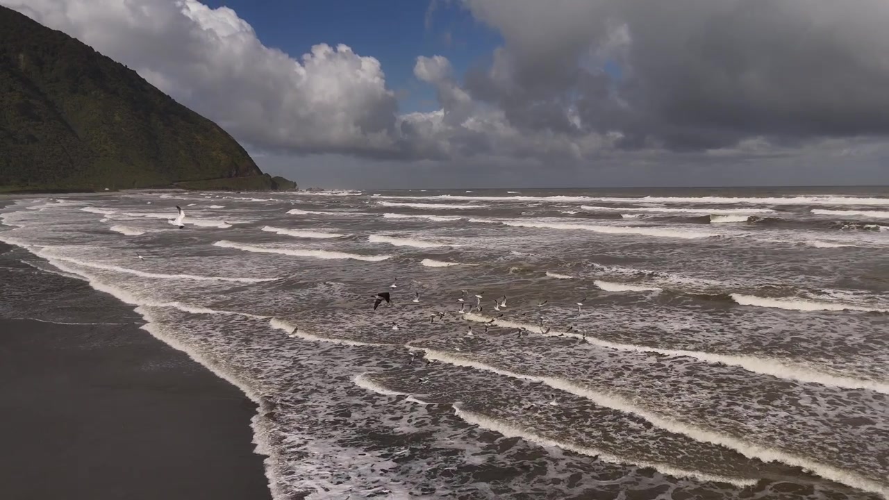 Vue aérienne panoramique des vagues sur la plage de sable près de Barrytown, sur la côte ouest de l'île du Sud en Nouvelle-Zélande.