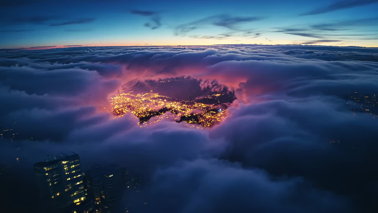 Drone camera moving closer, revealing lit city core through dusk clouds, centering warm glow