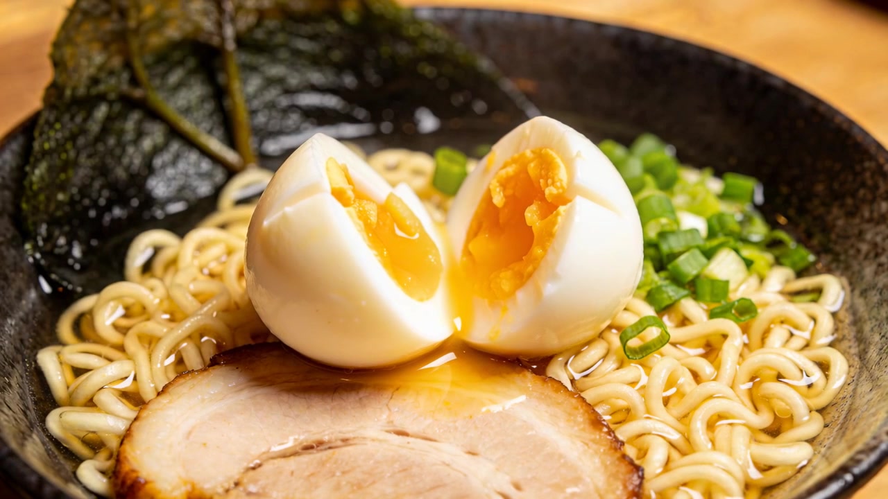 Le mani di un cuoco che tagliano un uovo alla coque con un coltello da chef sul ramen, su un tavolo di legno, per impiattare.
