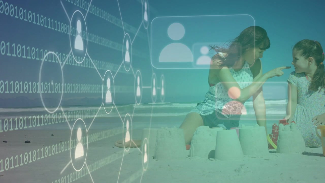 Binary overlay expanding left and leading mother guiding daughter building sand molds, tech syncing