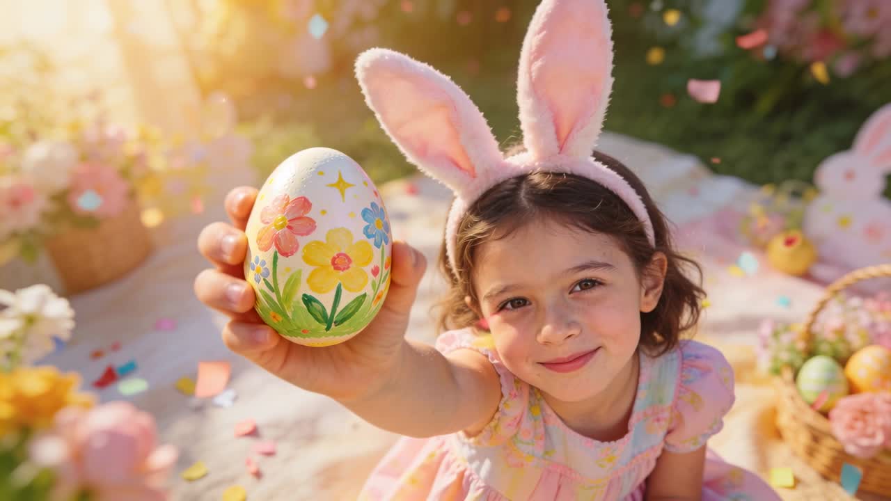Telecamera che si avvicina a una bambina con vestito pastello e orecchie da coniglio rosa che presenta un uovo dipinto per una festa in giardino