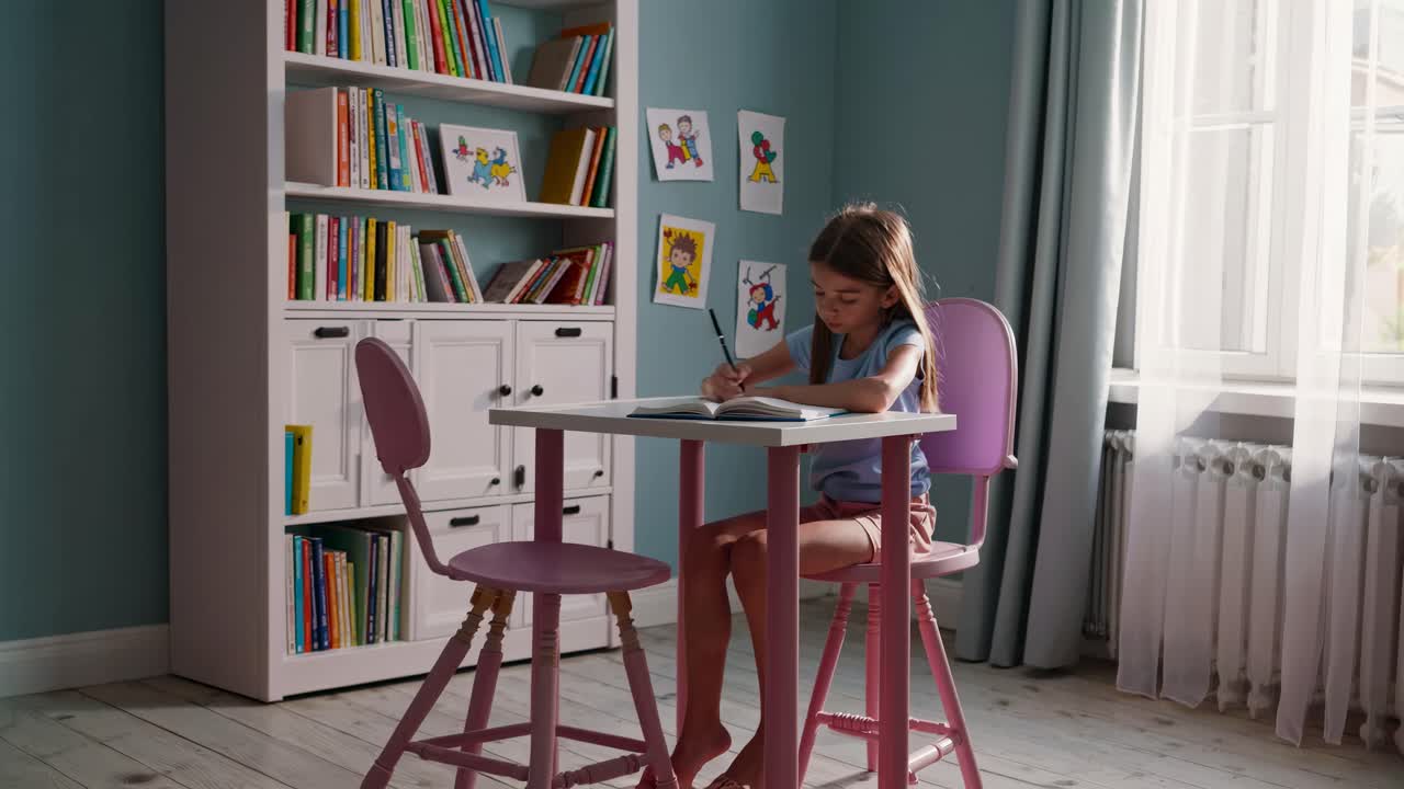 A child writes at a desk in a cozy room, captured from a side angle