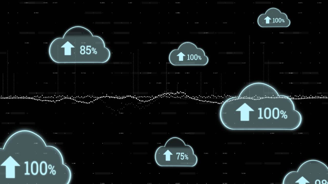 Animation of cloud icons and data processing on black background