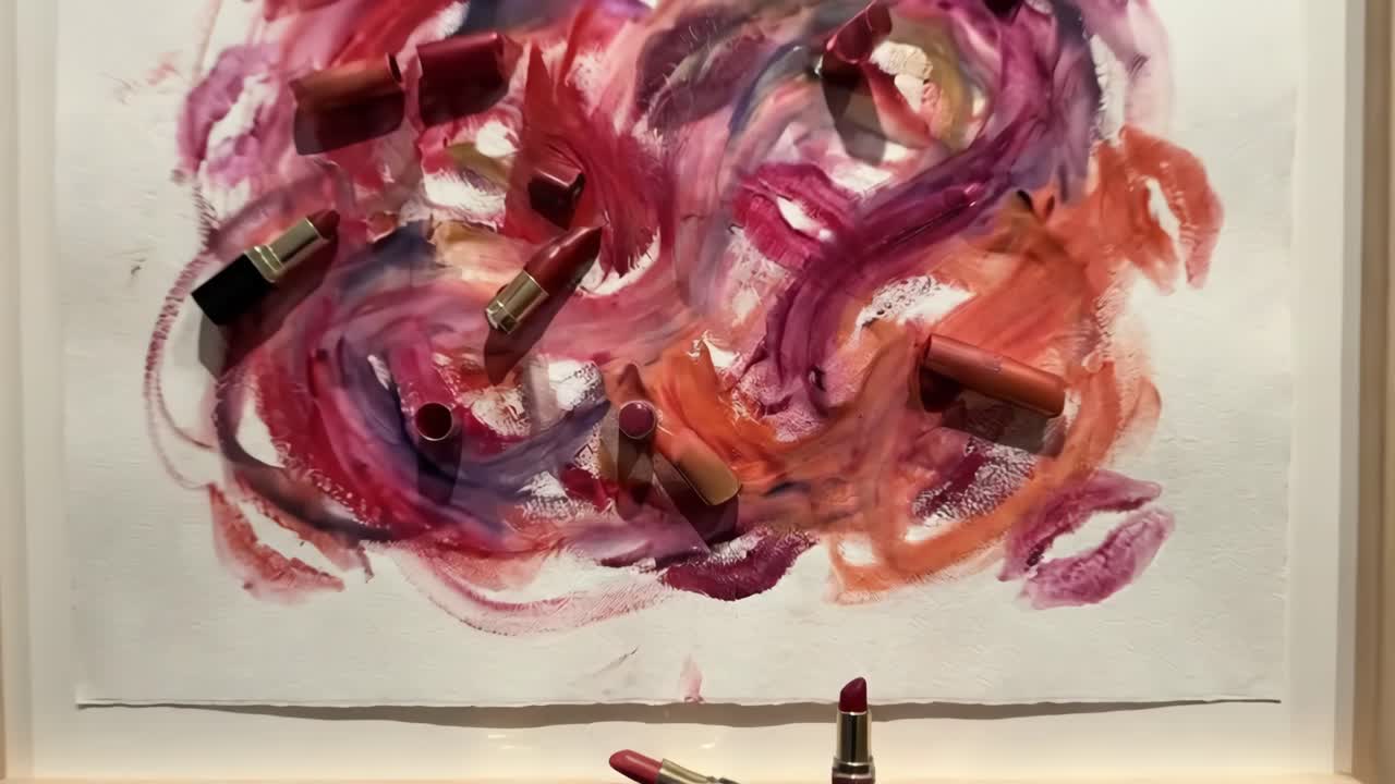 Close-up of Abstract Artwork with Smeared Lipsticks and Lip Prints