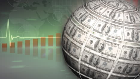 animation of globe formed with american dollar banknotes and data processing