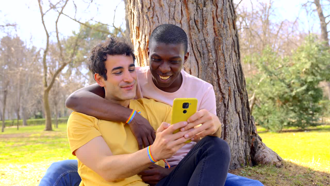 Gay couple enjoying time in park with mobile phone