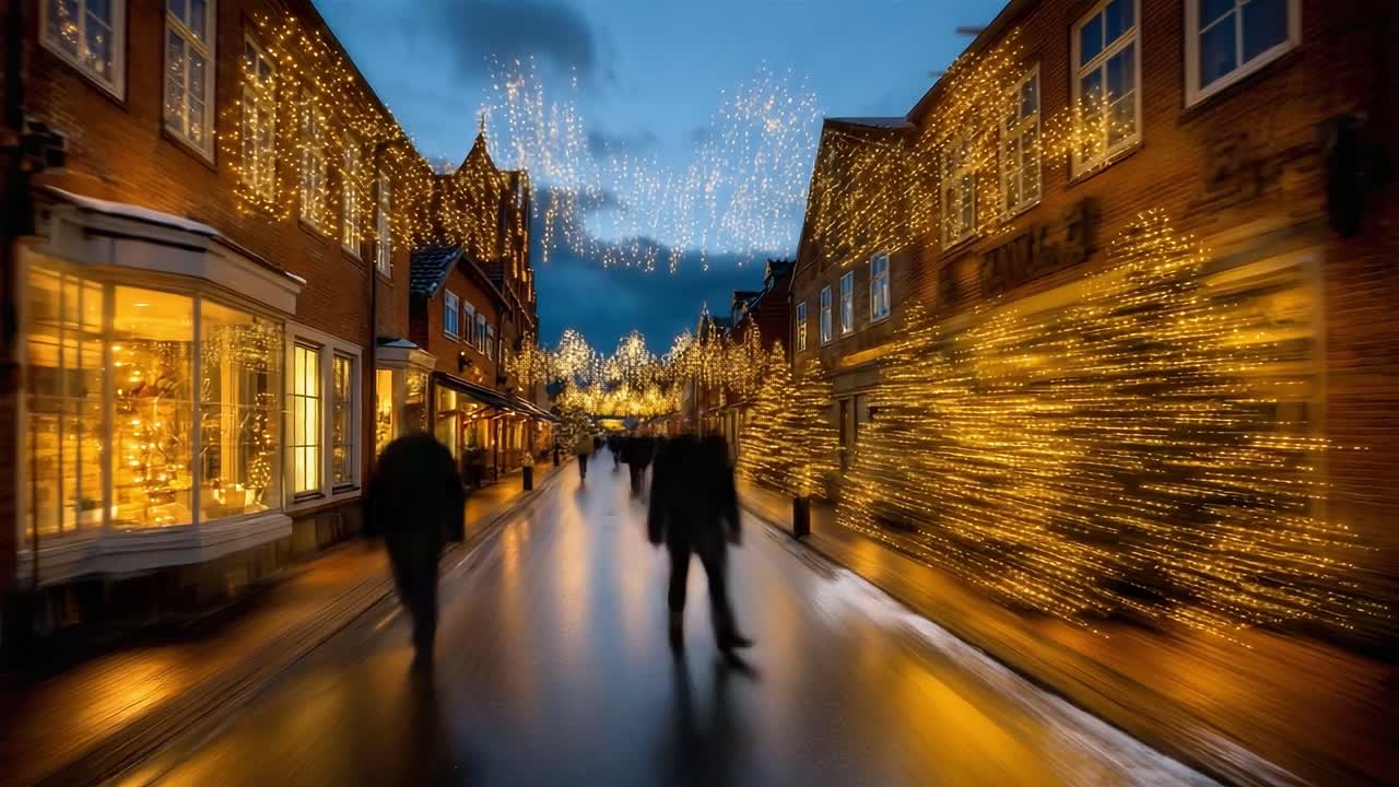 A Magical Evening Stroll Through a Charming Street Adorned with Twinkling Holiday Lights, Creating a Cozy Atmosphere for Festive Gatherings and Winter Activities