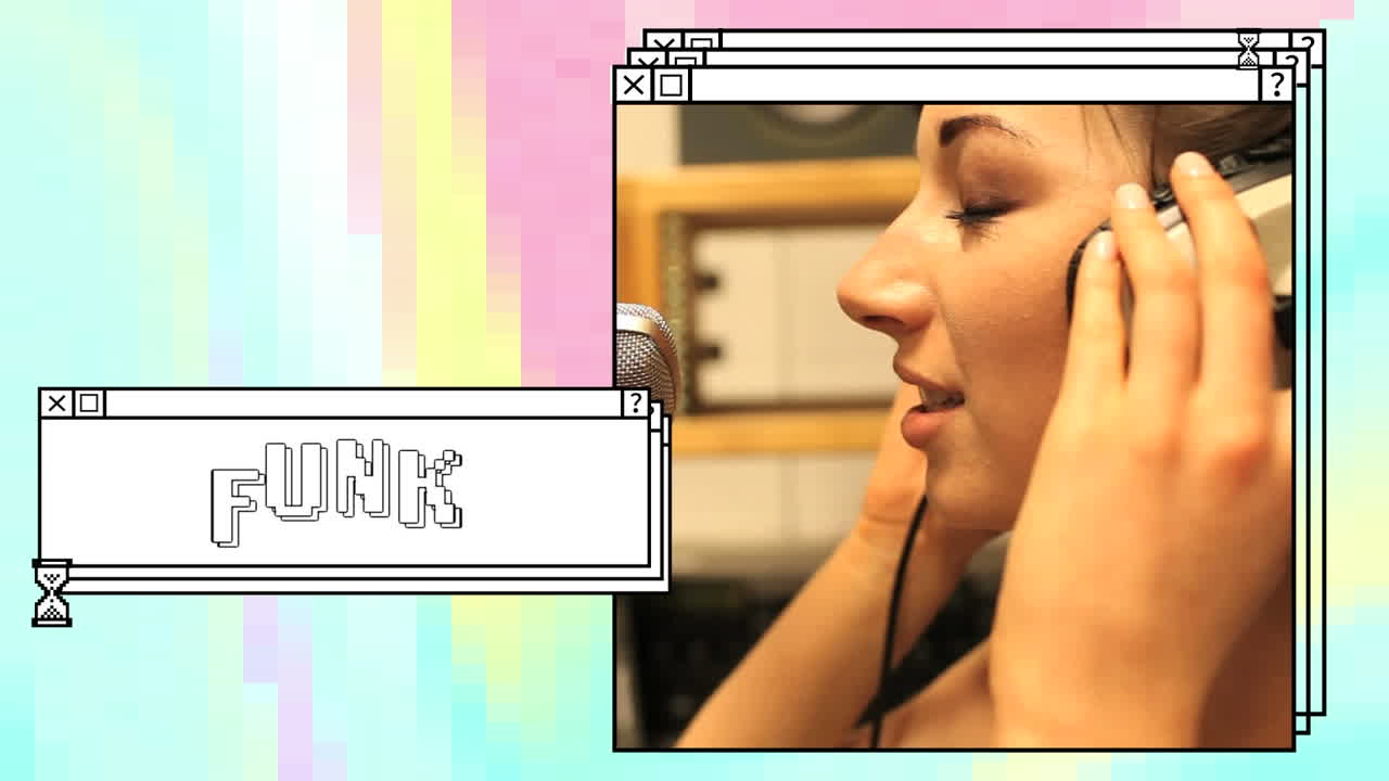 animación de funk en texto blanco en una ventana apilada, con una mujer haciendo podcast, en azul y rosa