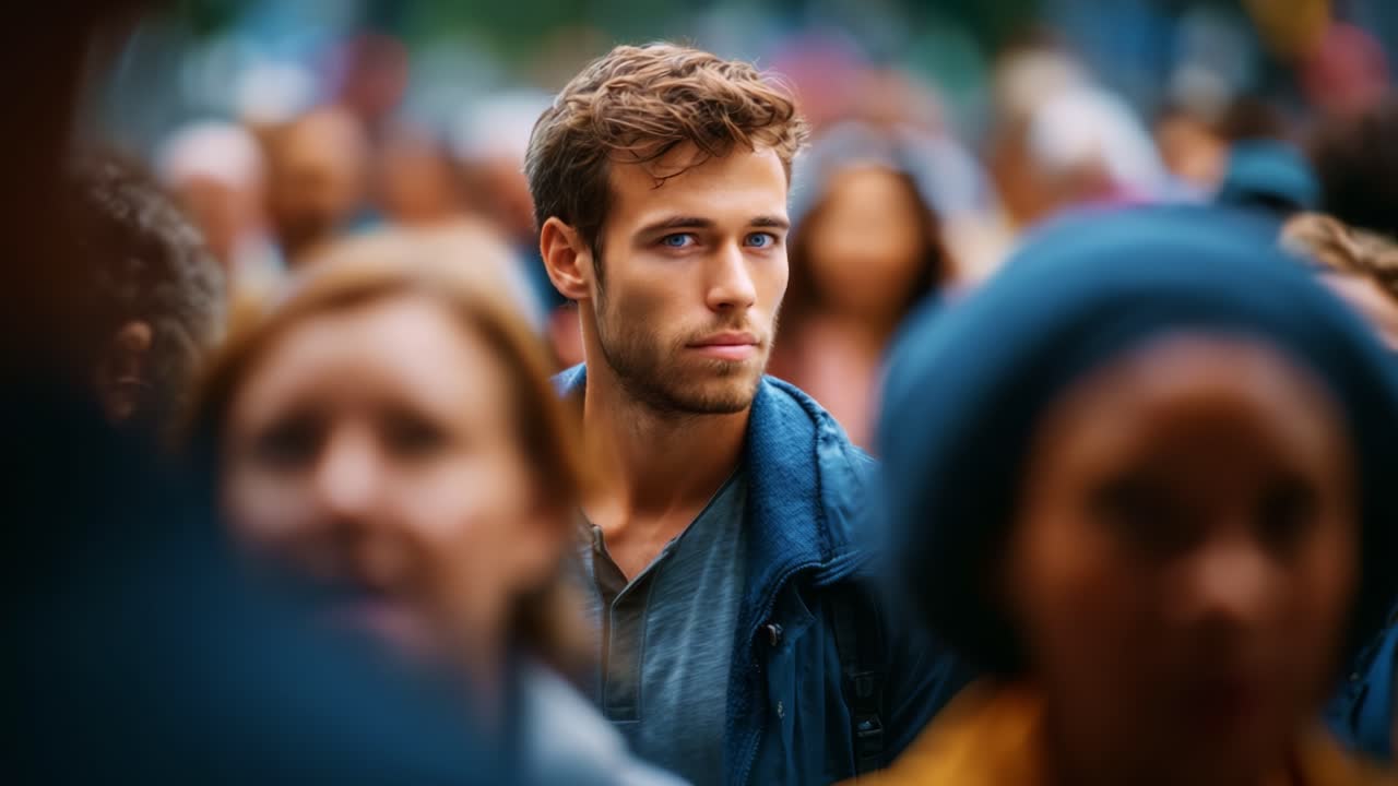 Um jovem atencioso se destaca em um cenário urbano movimentado, refletindo introspecção em meio à multidão agitada que o cerca, criando um momento cativante.