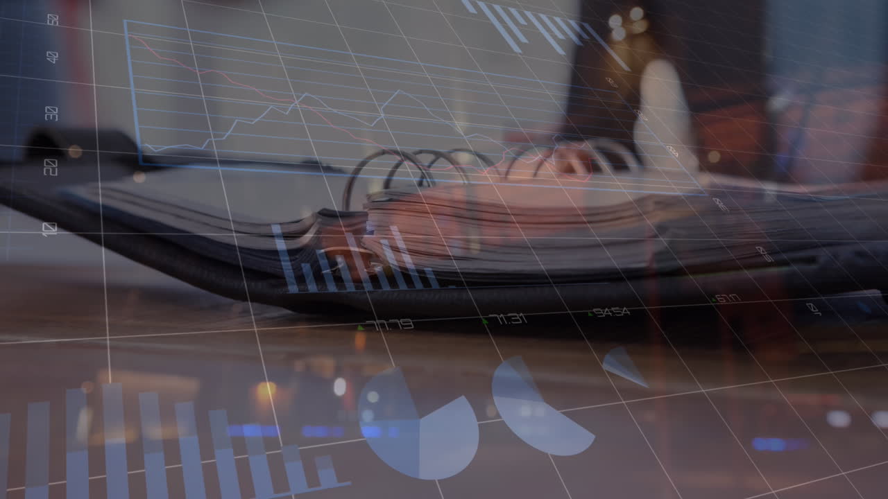 Animation of statistical data processing against close up view of a open diary on office table